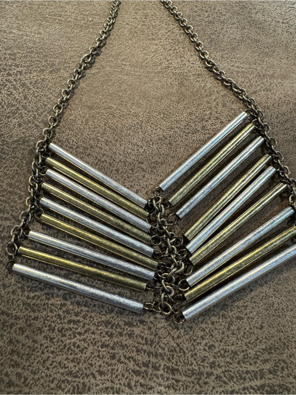 Two-Tone Silver and Gold Tube Bib Necklace - Women Jewelry